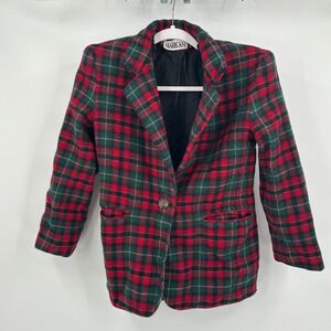Vintage Womens Blazer Sz 4 Red Green Plaid Wool Blend Holiday Old Money Heritage
